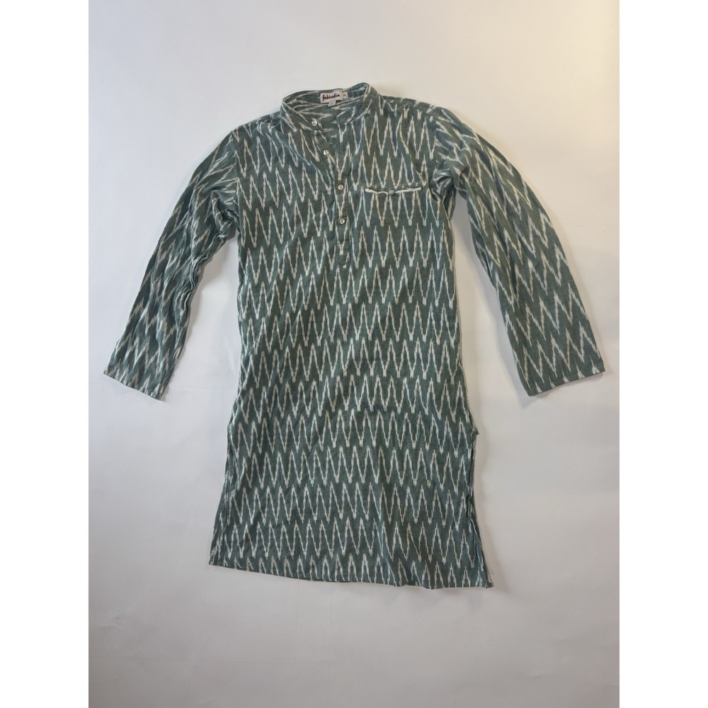 Fabindia Ikat Tunic Kurta Green White Slim Fit Size 38 Boho India Cotton Top